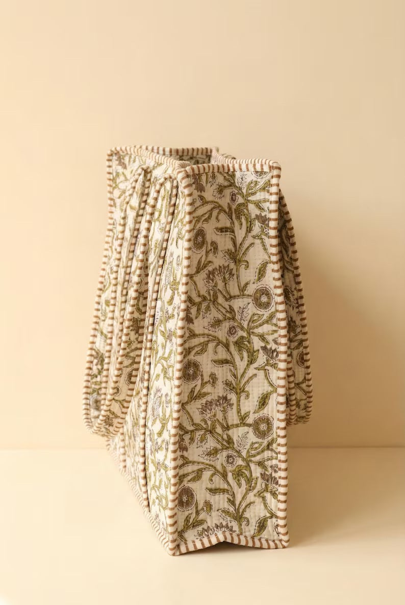 Large Green Floral Quilted Cotton Tote