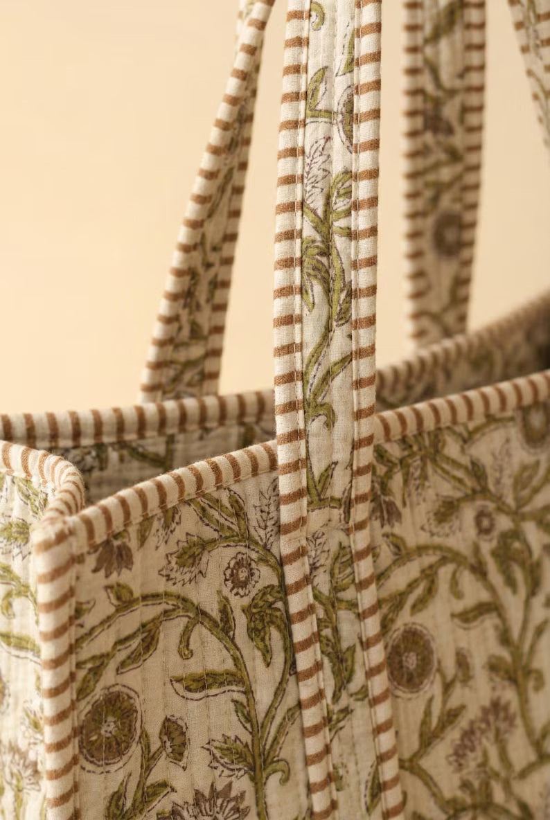 Large Green Floral Quilted Cotton Tote