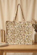Large Green Floral Quilted Cotton Tote