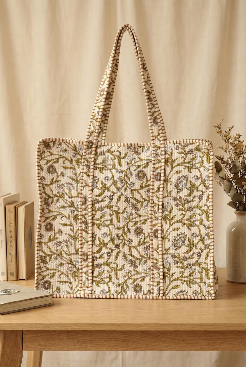 Large Green Floral Quilted Cotton Tote