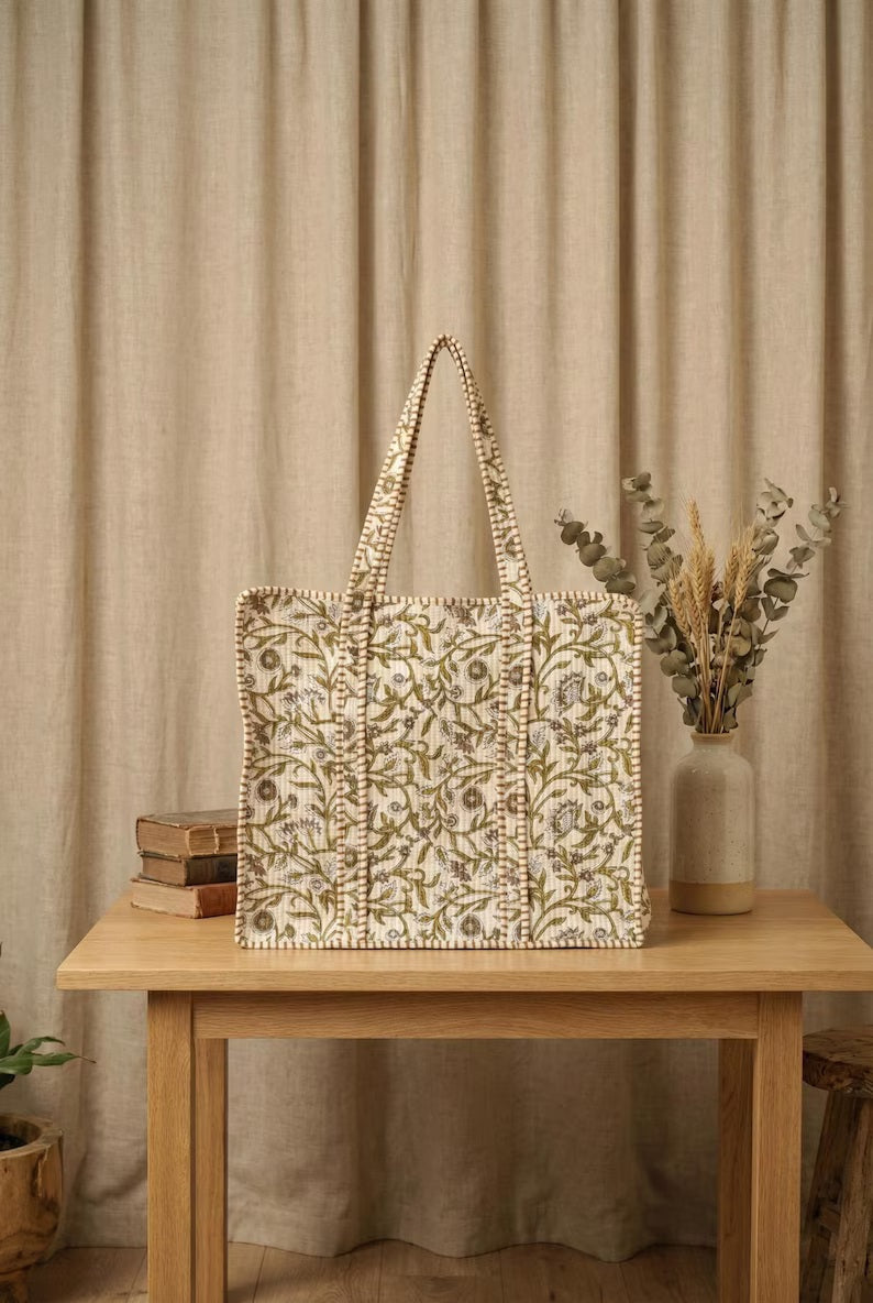 Large Green Floral Quilted Cotton Tote