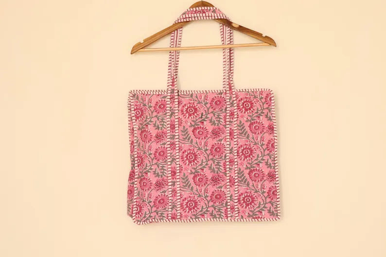 Pink Floral Quilted Cotton Tote Bag