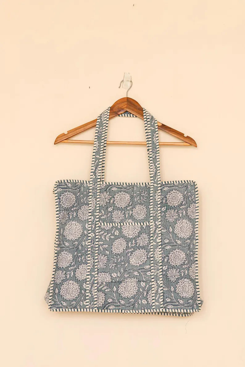 Blue Floral Quilted Cotton Tote Bag