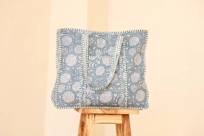 Blue Floral Quilted Cotton Tote Bag