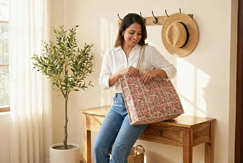 Pink & Green Floral Quilted Cotton Tote Bag