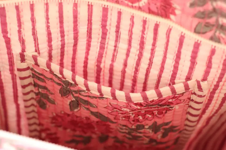 Pink Floral Quilted Cotton Tote Bag