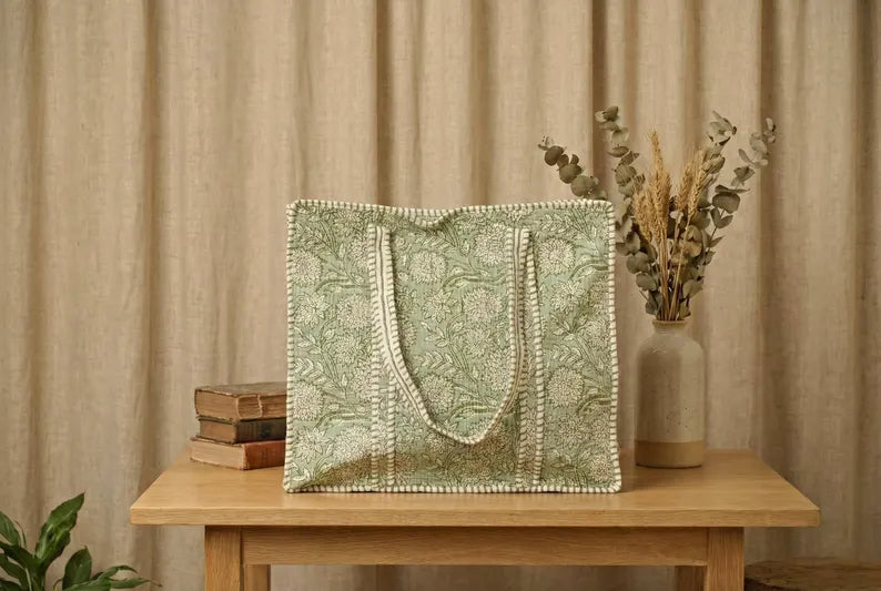 Sage Green Floral Quilted Cotton Tote Bag