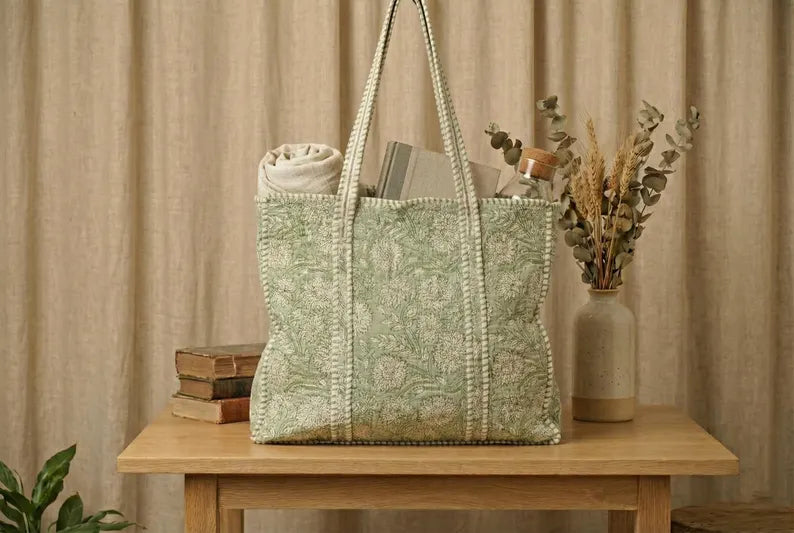 Sage Green Floral Quilted Cotton Tote Bag