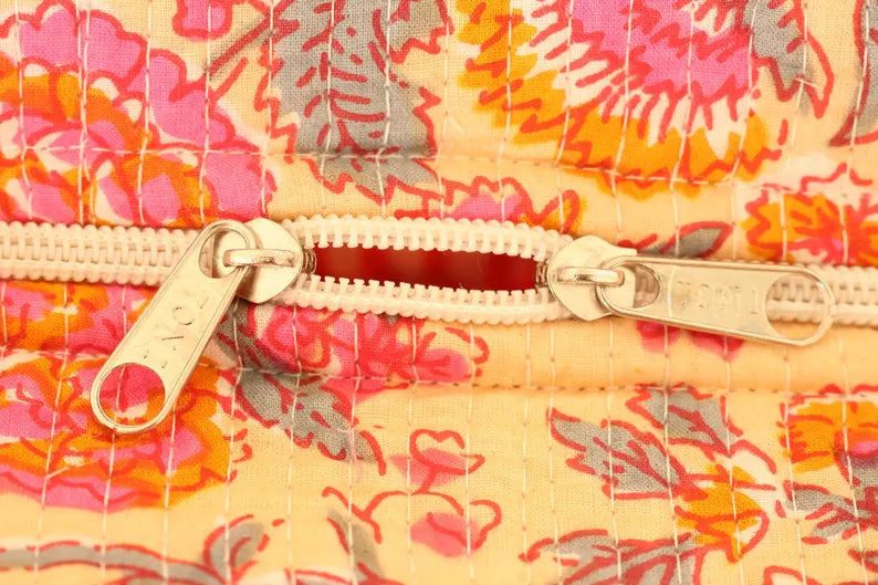 Boho Pink & Orange Floral Quilted Cotton Tote Bag