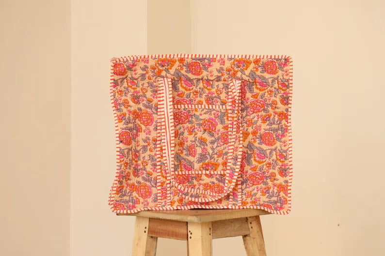 Boho Pink & Orange Floral Quilted Cotton Tote Bag