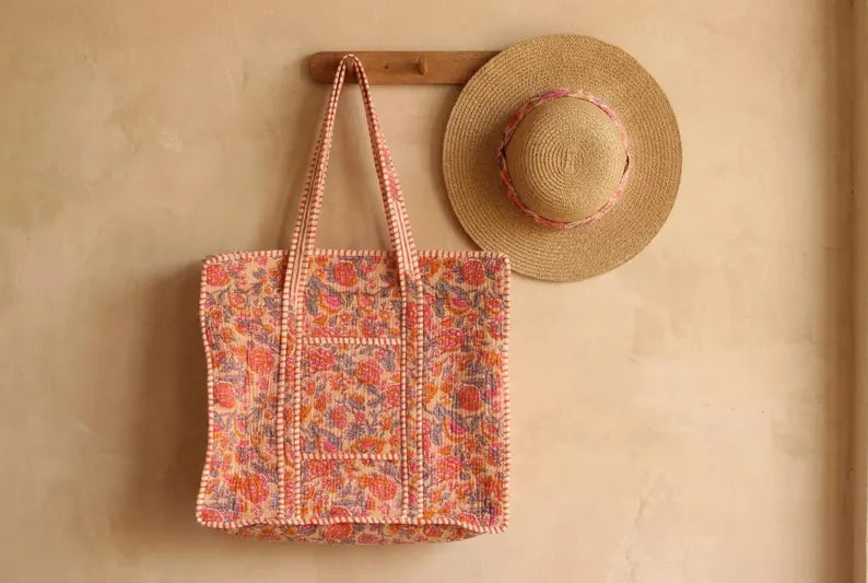 Boho Pink & Orange Floral Quilted Cotton Tote Bag