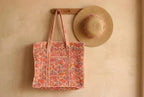 Boho Pink & Orange Floral Quilted Cotton Tote Bag