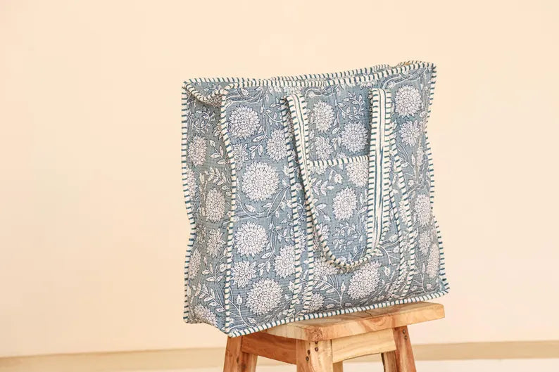 Blue Floral Quilted Cotton Tote Bag