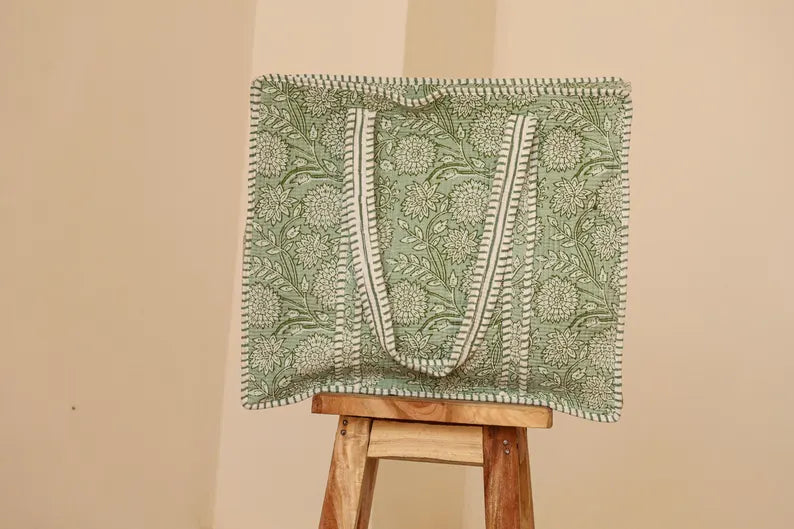 Sage Green Quilted Cotton Tote
