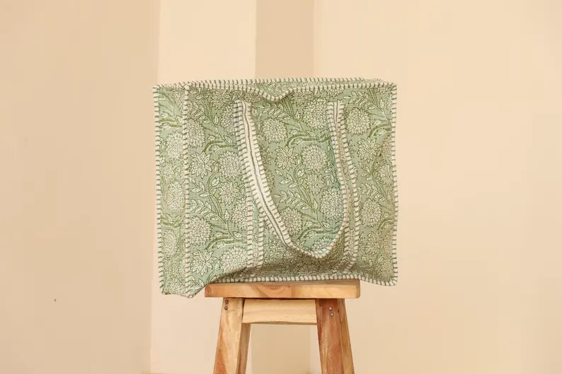 Sage Green Quilted Cotton Tote
