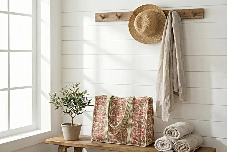 Pink & Green Floral Quilted Cotton Tote Bag