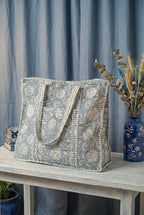 Blue Floral Quilted Cotton Tote Bag