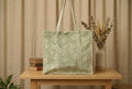 Sage Green Floral Quilted Cotton Tote Bag