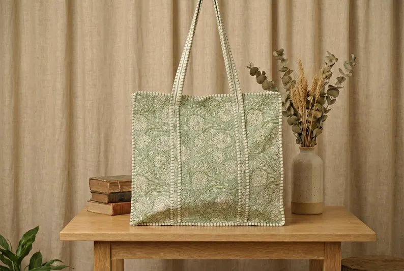 Sage Green Floral Quilted Cotton Tote Bag
