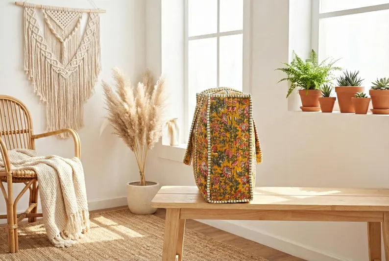 Mustard Floral Quilted Cotton Tote