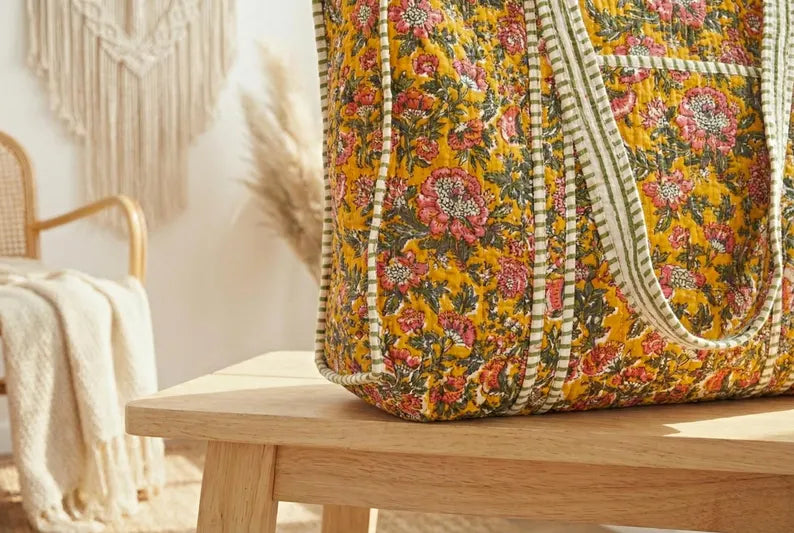 Mustard Floral Quilted Cotton Tote